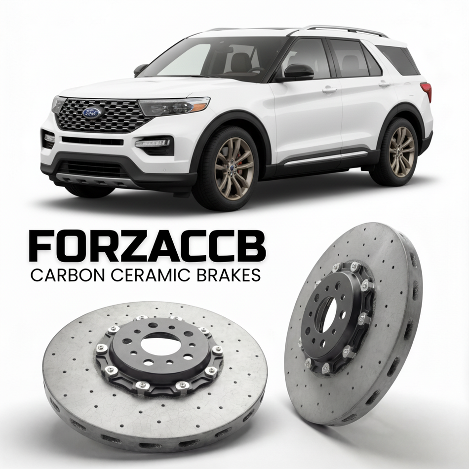 ForzaCCB direct OEM replacement carbon ceramic brake rotors for 2019 to 2024 Ford Explorer VI models, shown with a white Ford Explorer car.