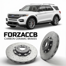 ForzaCCB direct OEM replacement carbon ceramic brake rotors for 2024+) Ford Explorer VI (facelift 2024 models, shown with a white Ford Explorer car.