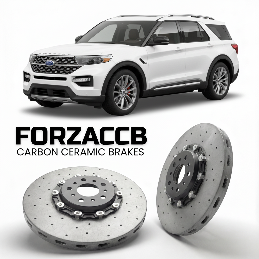 ForzaCCB direct OEM replacement carbon ceramic brake rotors for 2024+) Ford Explorer VI (facelift 2024 models, shown with a white Ford Explorer car.