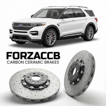 ForzaCCB direct OEM replacement carbon ceramic brake rotors for 2024+) Ford Explorer VI (facelift 2024 models, shown with a white Ford Explorer car.