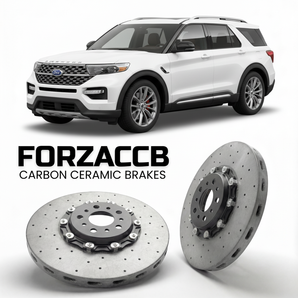 ForzaCCB direct OEM replacement carbon ceramic brake rotors for 2024+) Ford Explorer VI (facelift 2024 models, shown with a white Ford Explorer car.