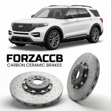 ForzaCCB direct OEM replacement carbon ceramic brake rotors for 2024 and newer Ford Explorer EV models, shown with a white Ford Explorer EV car.