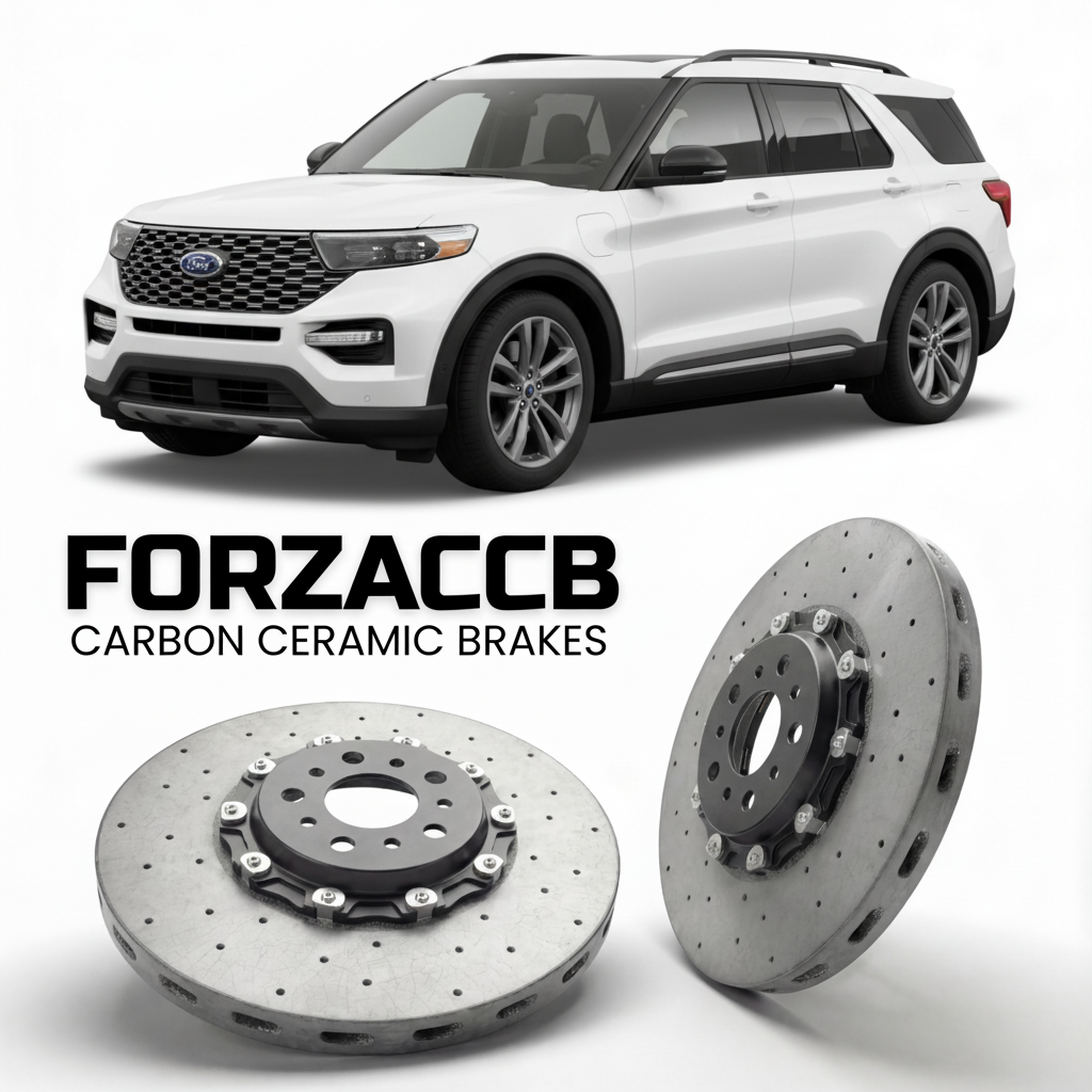 ForzaCCB direct OEM replacement carbon ceramic brake rotors for 2024 and newer Ford Explorer EV models, shown with a white Ford Explorer EV car.