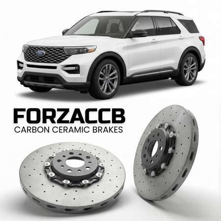 ForzaCCB direct OEM replacement carbon ceramic brake rotors for 2024 and newer Ford Explorer EV models, shown with a white Ford Explorer EV car.