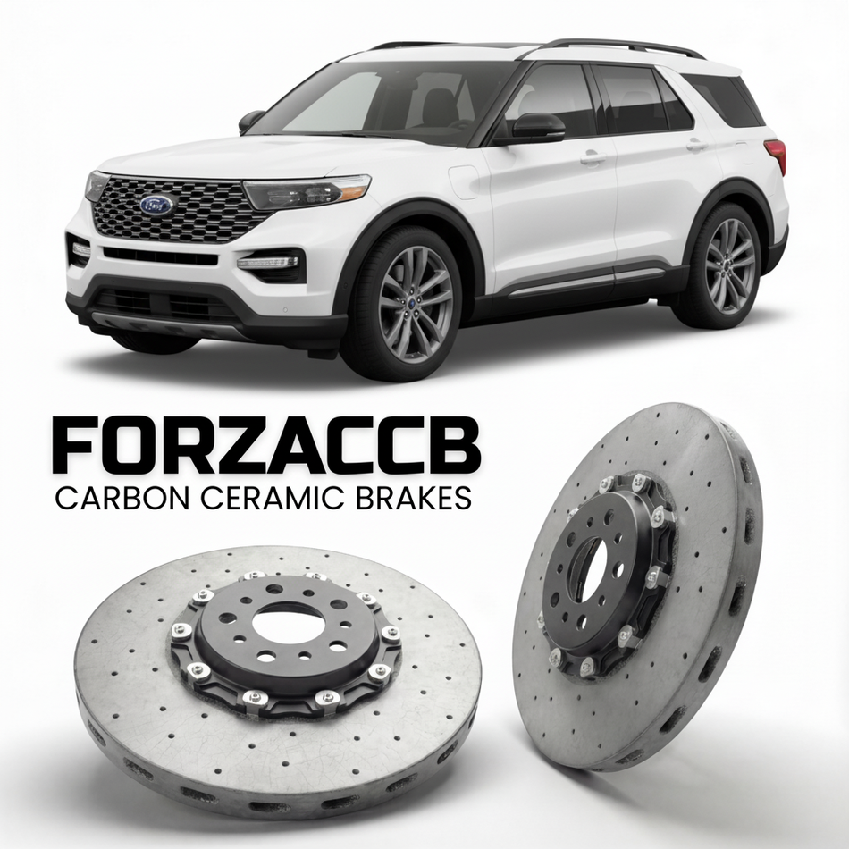 ForzaCCB direct OEM replacement carbon ceramic brake rotors for 2024 and newer Ford Explorer EV models, shown with a white Ford Explorer EV car.