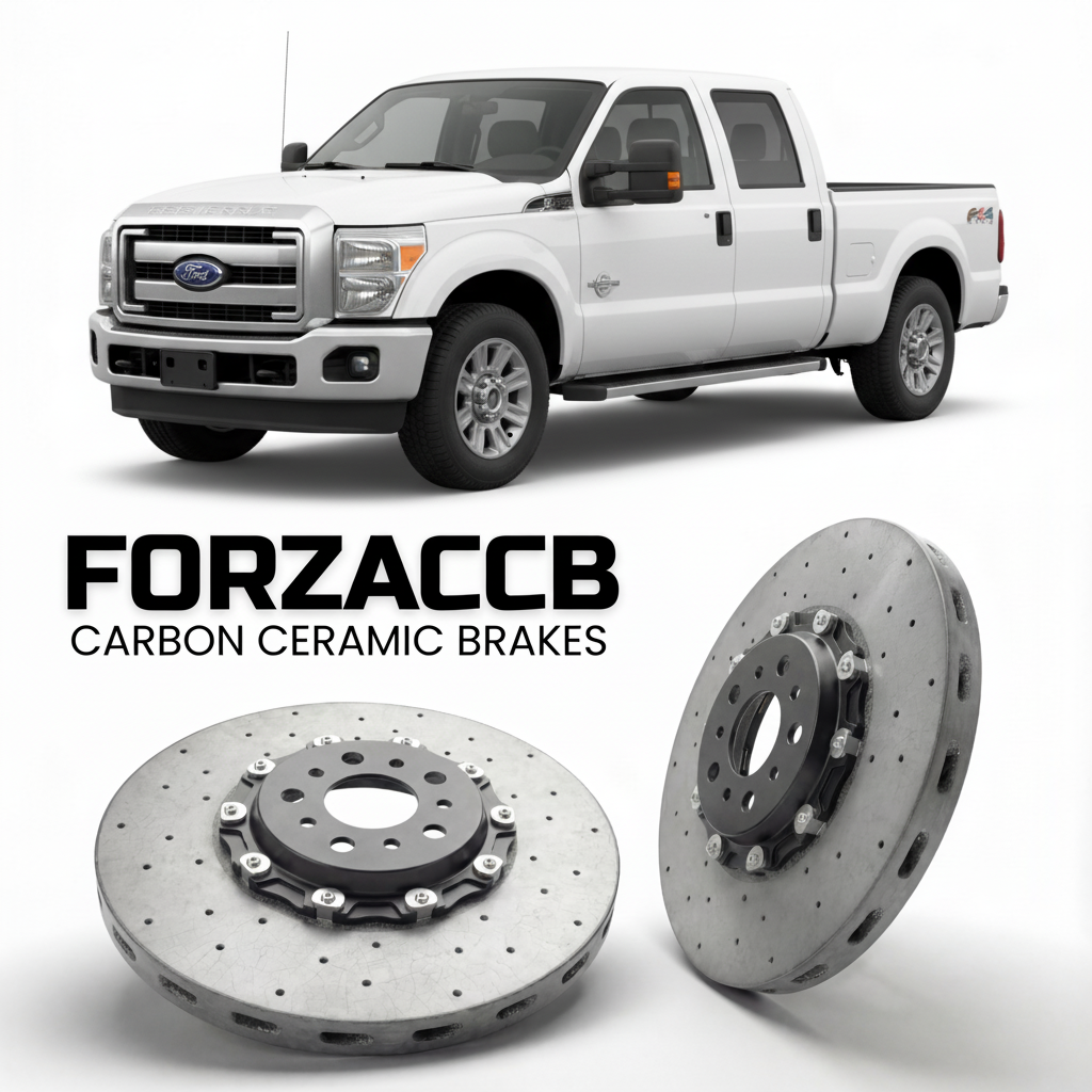 ForzaCCB direct OEM replacement carbon ceramic brake rotors for 2011 to 2016 Ford F-250 Super Duty III Crew Cab Long box models, shown with a white Ford F-250 Super Duty car.