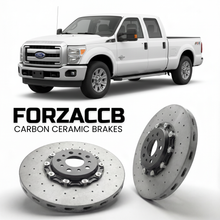 ForzaCCB direct OEM replacement carbon ceramic brake rotors for 2011 to 2016 Ford F-250 Super Duty III Crew Cab Long box models, shown with a white Ford F-250 Super Duty car.