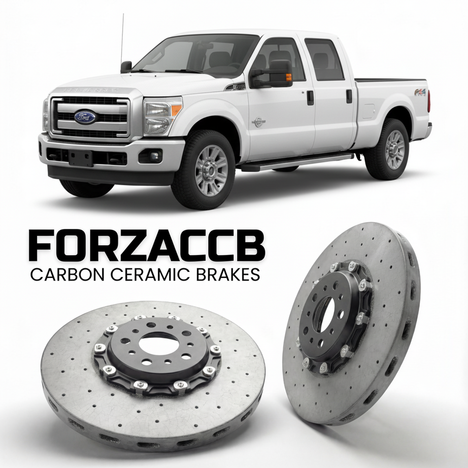 ForzaCCB direct OEM replacement carbon ceramic brake rotors for 2011 to 2016 Ford F-250 Super Duty III Crew Cab Long box models, shown with a white Ford F-250 Super Duty car.