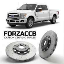 ForzaCCB direct OEM replacement carbon ceramic brake rotors for 2011 to 2016 Ford F-250 Super Duty III Crew Cab Short box models, shown with a white Ford F-250 Super Duty car.