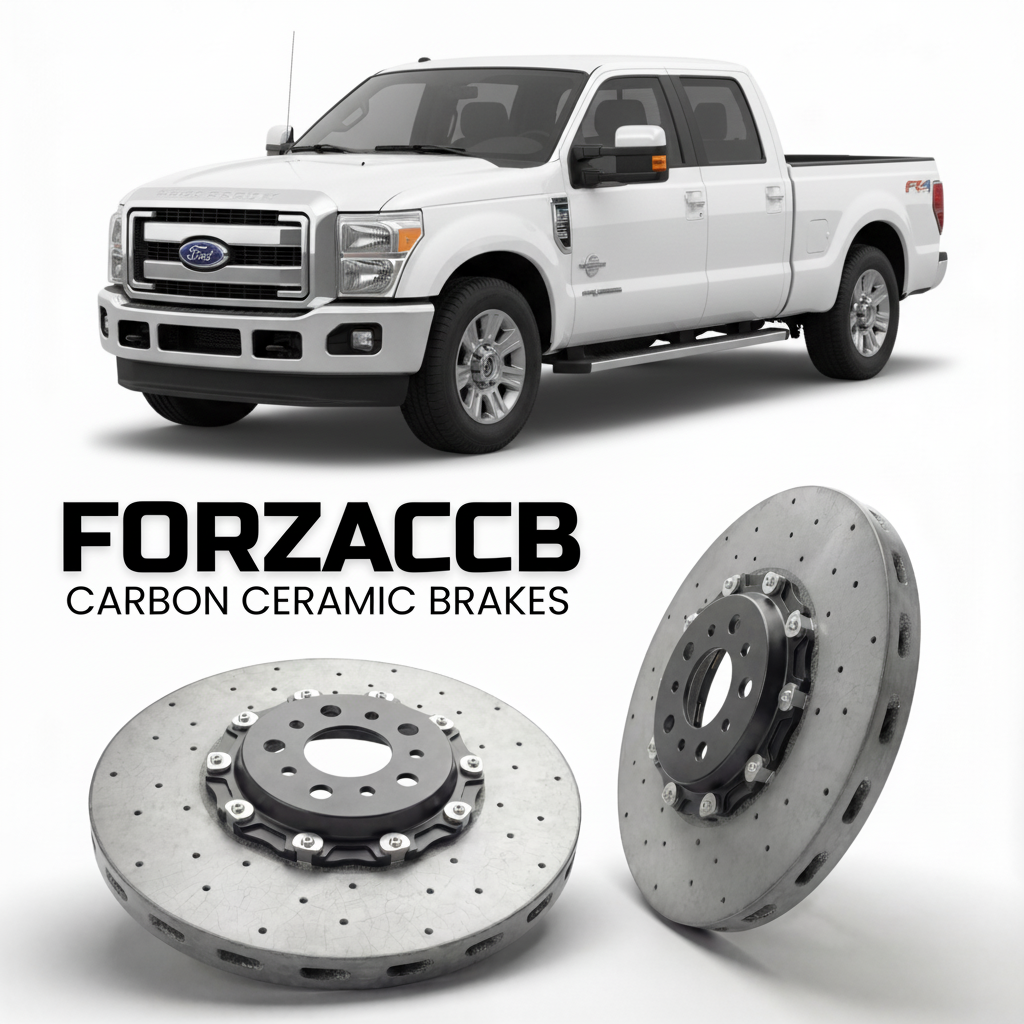 ForzaCCB direct OEM replacement carbon ceramic brake rotors for 2011 to 2016 Ford F-250 Super Duty III Crew Cab Short box models, shown with a white Ford F-250 Super Duty car.