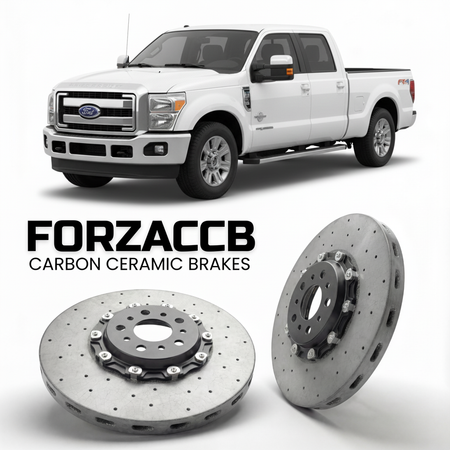 ForzaCCB direct OEM replacement carbon ceramic brake rotors for 2011 to 2016 Ford F-250 Super Duty III Crew Cab Short box models, shown with a white Ford F-250 Super Duty car.
