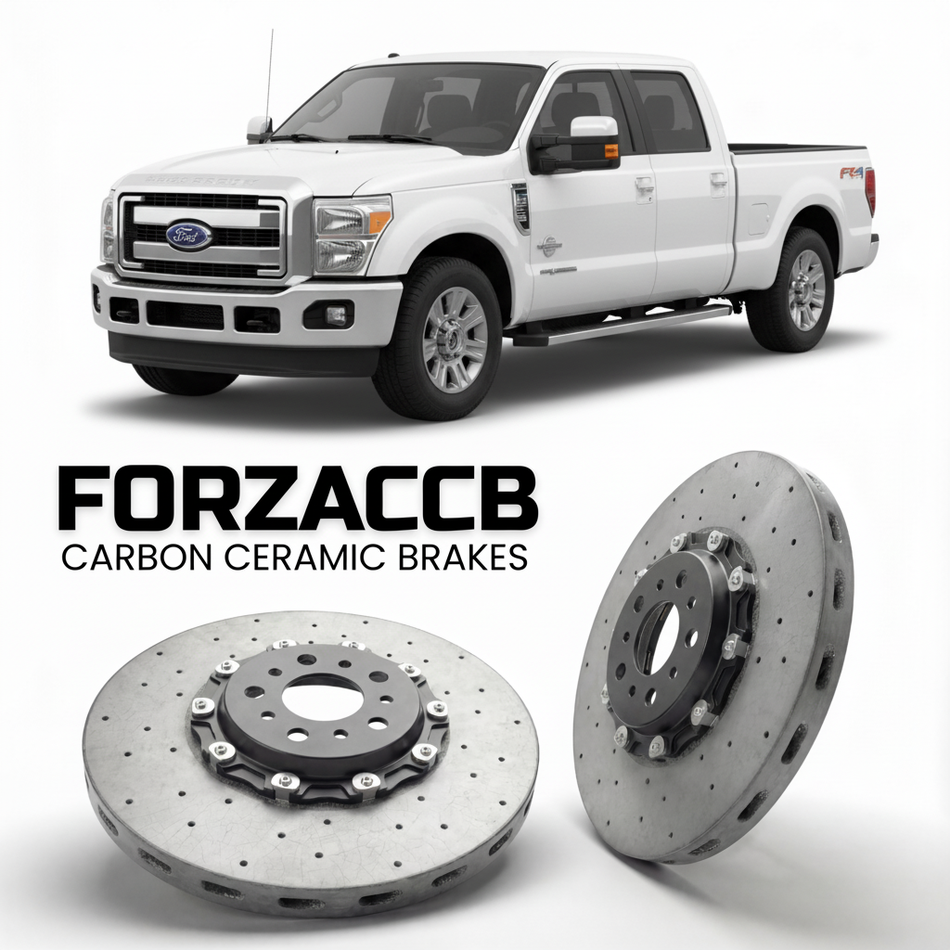 ForzaCCB direct OEM replacement carbon ceramic brake rotors for 2011 to 2016 Ford F-250 Super Duty III Crew Cab Short box models, shown with a white Ford F-250 Super Duty car.