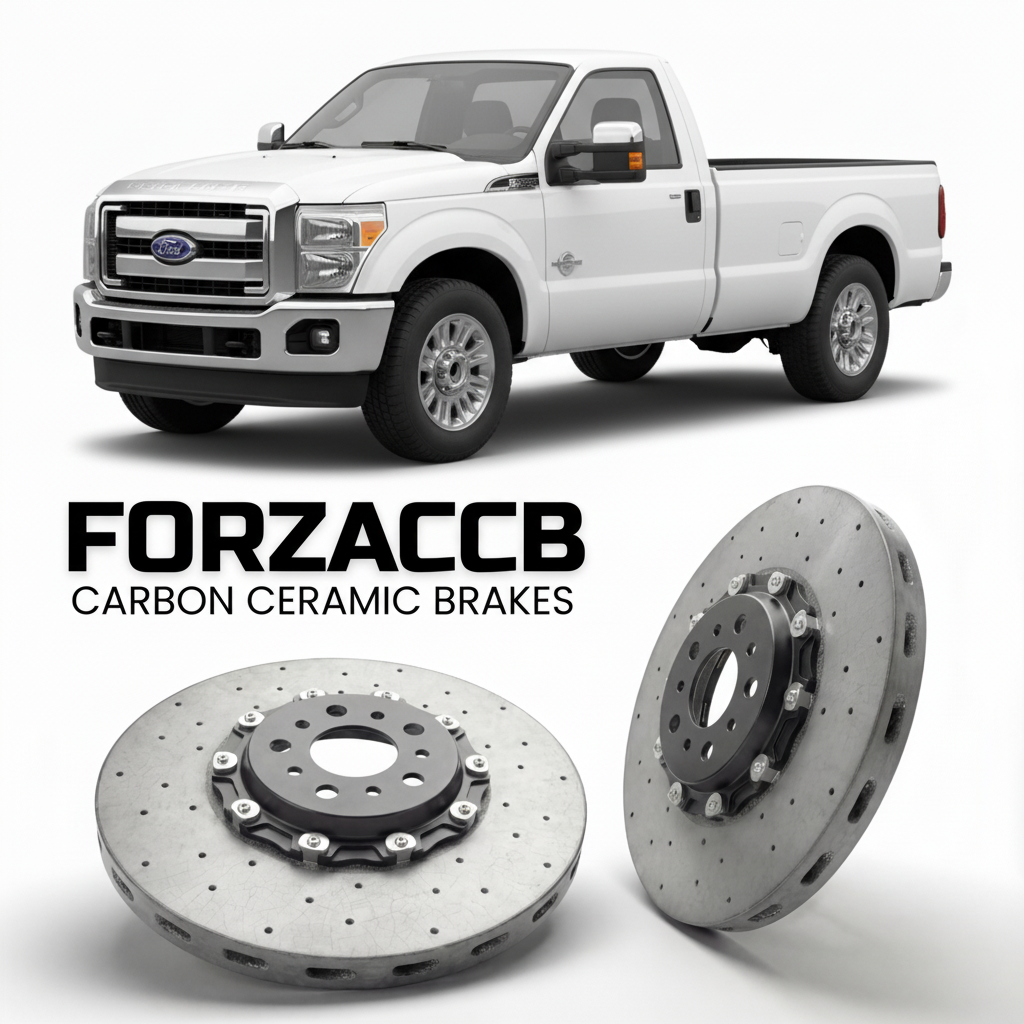ForzaCCB direct OEM replacement carbon ceramic brake rotors for 2011 to 2016 Ford F-250 Super Duty III Regular Cab Long box models, shown with a white Ford F-250 Super Duty car.