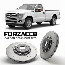 ForzaCCB direct OEM replacement carbon ceramic brake rotors for 2011 to 2016 Ford F-250 Super Duty III Regular Cab Long box models, shown with a white Ford F-250 Super Duty car.