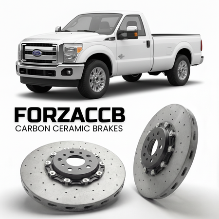 ForzaCCB direct OEM replacement carbon ceramic brake rotors for 2011 to 2016 Ford F-250 Super Duty III Regular Cab Long box models, shown with a white Ford F-250 Super Duty car.