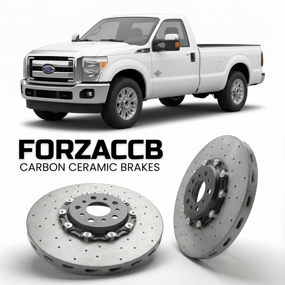 ForzaCCB direct OEM replacement carbon ceramic brake rotors for 2011 to 2016 Ford F-250 Super Duty III Regular Cab Long box models, shown with a white Ford F-250 Super Duty car.