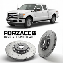 ForzaCCB direct OEM replacement carbon ceramic brake rotors for 2011 to 2016 Ford F-250 Super Duty III Super Cab Long box models, shown with a white Ford F-250 Super Duty car.