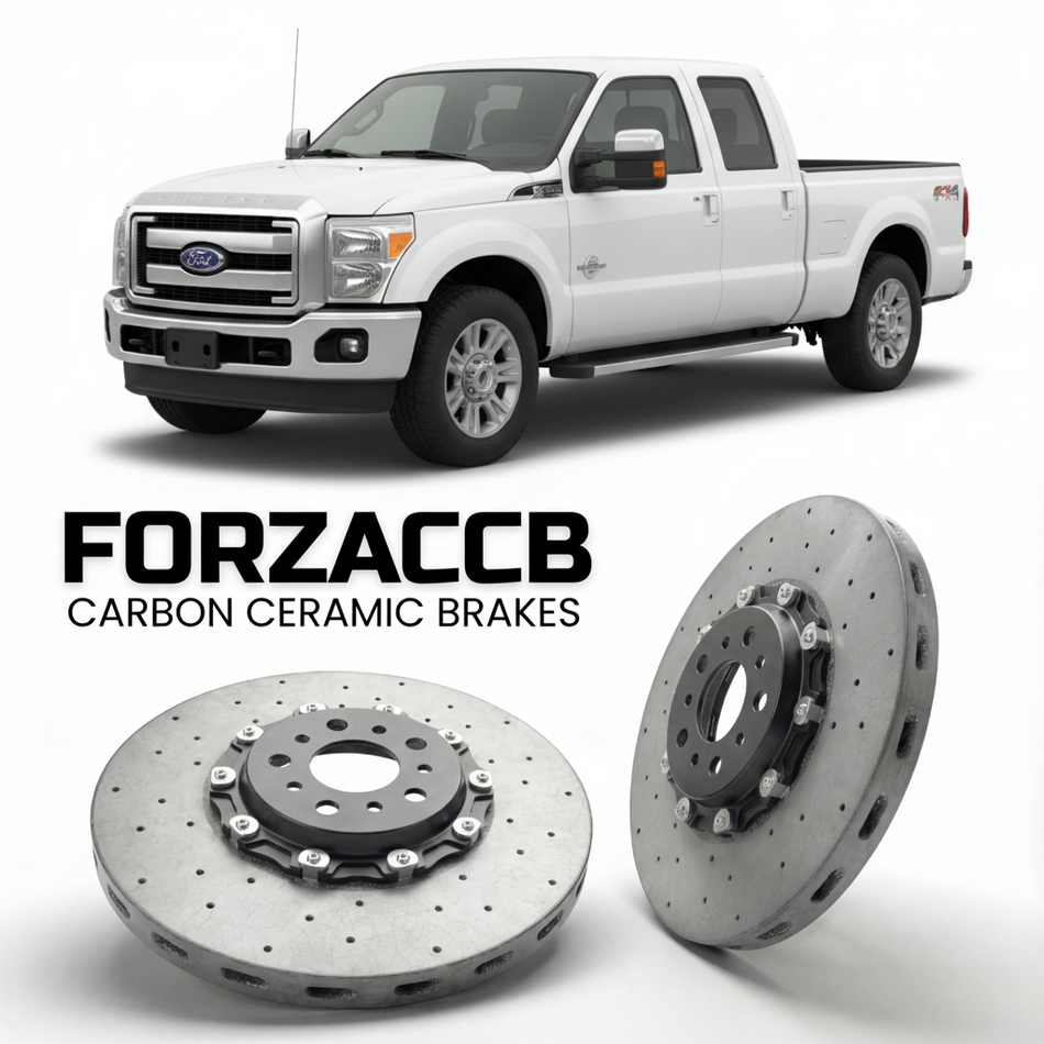 ForzaCCB direct OEM replacement carbon ceramic brake rotors for 2011 to 2016 Ford F-250 Super Duty III Super Cab Long box models, shown with a white Ford F-250 Super Duty car.
