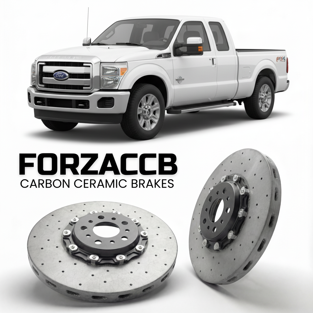 ForzaCCB direct OEM replacement carbon ceramic brake rotors for 2011 to 2016 Ford F-250 Super Duty III Super Cab Short box models, shown with a white Ford F-250 Super Duty car.