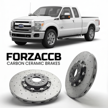 ForzaCCB direct OEM replacement carbon ceramic brake rotors for 2011 to 2016 Ford F-250 Super Duty III Super Cab Short box models, shown with a white Ford F-250 Super Duty car.