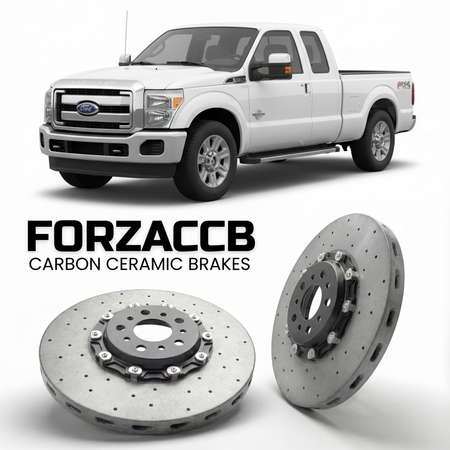 ForzaCCB direct OEM replacement carbon ceramic brake rotors for 2011 to 2016 Ford F-250 Super Duty III Super Cab Short box models, shown with a white Ford F-250 Super Duty car.