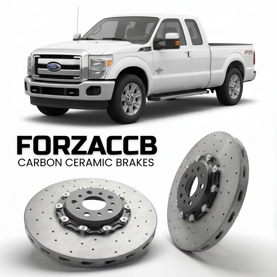 ForzaCCB direct OEM replacement carbon ceramic brake rotors for 2011 to 2016 Ford F-250 Super Duty III Super Cab Short box models, shown with a white Ford F-250 Super Duty car.