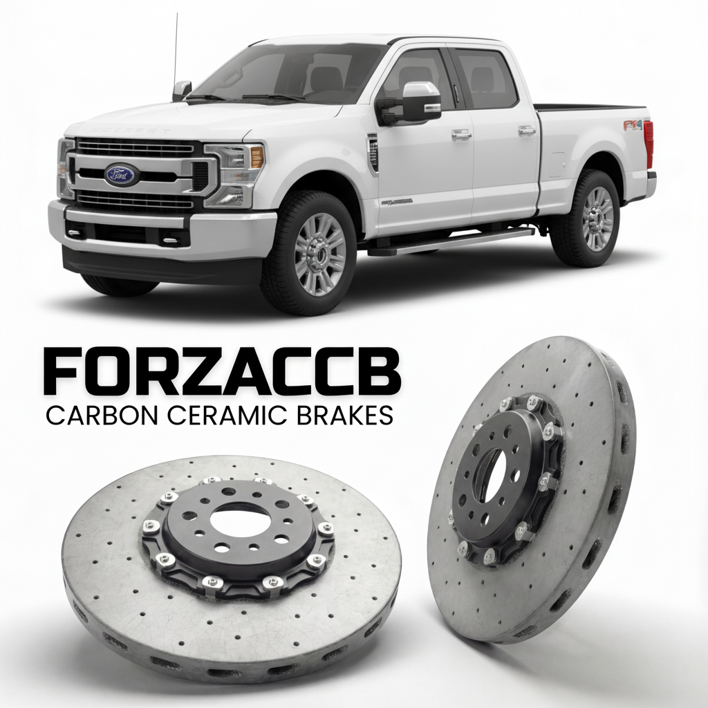 ForzaCCB direct OEM replacement carbon ceramic brake rotors for 2017 to 2019 Ford F-250 Super Duty IV Crew Cab Long box models, shown with a white Ford F-250 Super Duty car.