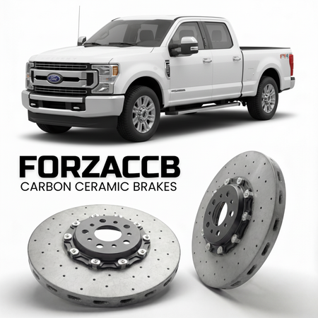 ForzaCCB direct OEM replacement carbon ceramic brake rotors for 2017 to 2019 Ford F-250 Super Duty IV Crew Cab Long box models, shown with a white Ford F-250 Super Duty car.