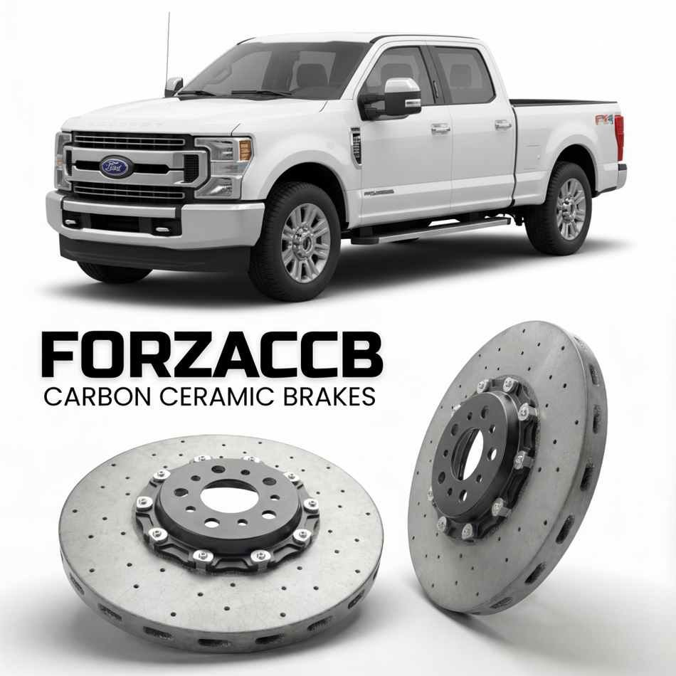 ForzaCCB direct OEM replacement carbon ceramic brake rotors for 2017 to 2019 Ford F-250 Super Duty IV Crew Cab Long box models, shown with a white Ford F-250 Super Duty car.