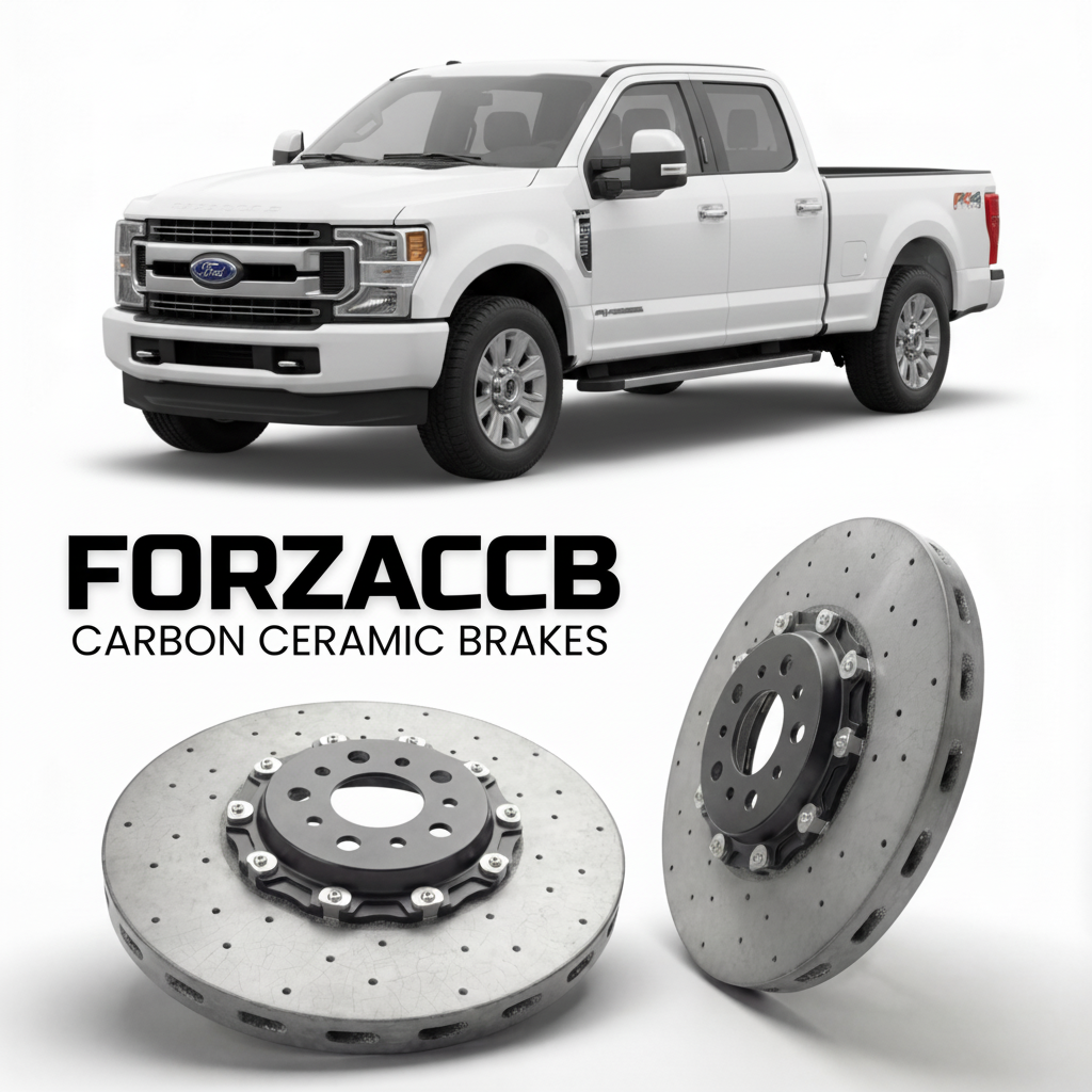 ForzaCCB direct OEM replacement carbon ceramic brake rotors for 2017 to 2019 Ford F-250 Super Duty IV Crew Cab Short box models, shown with a white Ford F-250 Super Duty car.