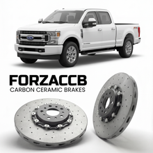 ForzaCCB direct OEM replacement carbon ceramic brake rotors for 2017 to 2019 Ford F-250 Super Duty IV Crew Cab Short box models, shown with a white Ford F-250 Super Duty car.