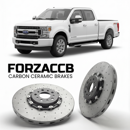 ForzaCCB direct OEM replacement carbon ceramic brake rotors for 2017 to 2019 Ford F-250 Super Duty IV Crew Cab Short box models, shown with a white Ford F-250 Super Duty car.