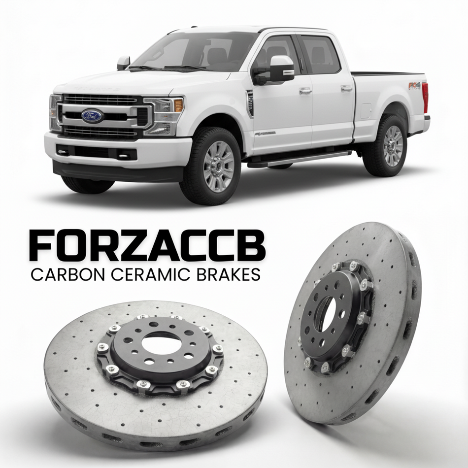 ForzaCCB direct OEM replacement carbon ceramic brake rotors for 2017 to 2019 Ford F-250 Super Duty IV Crew Cab Short box models, shown with a white Ford F-250 Super Duty car.