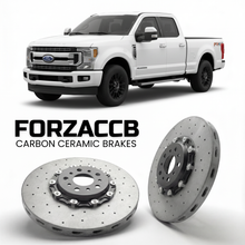 ForzaCCB direct OEM replacement carbon ceramic brake rotors for 2017 to 2019 Ford F-250 Super Duty IV Regular Cab Long box models, shown with a white Ford F-250 Super Duty car.