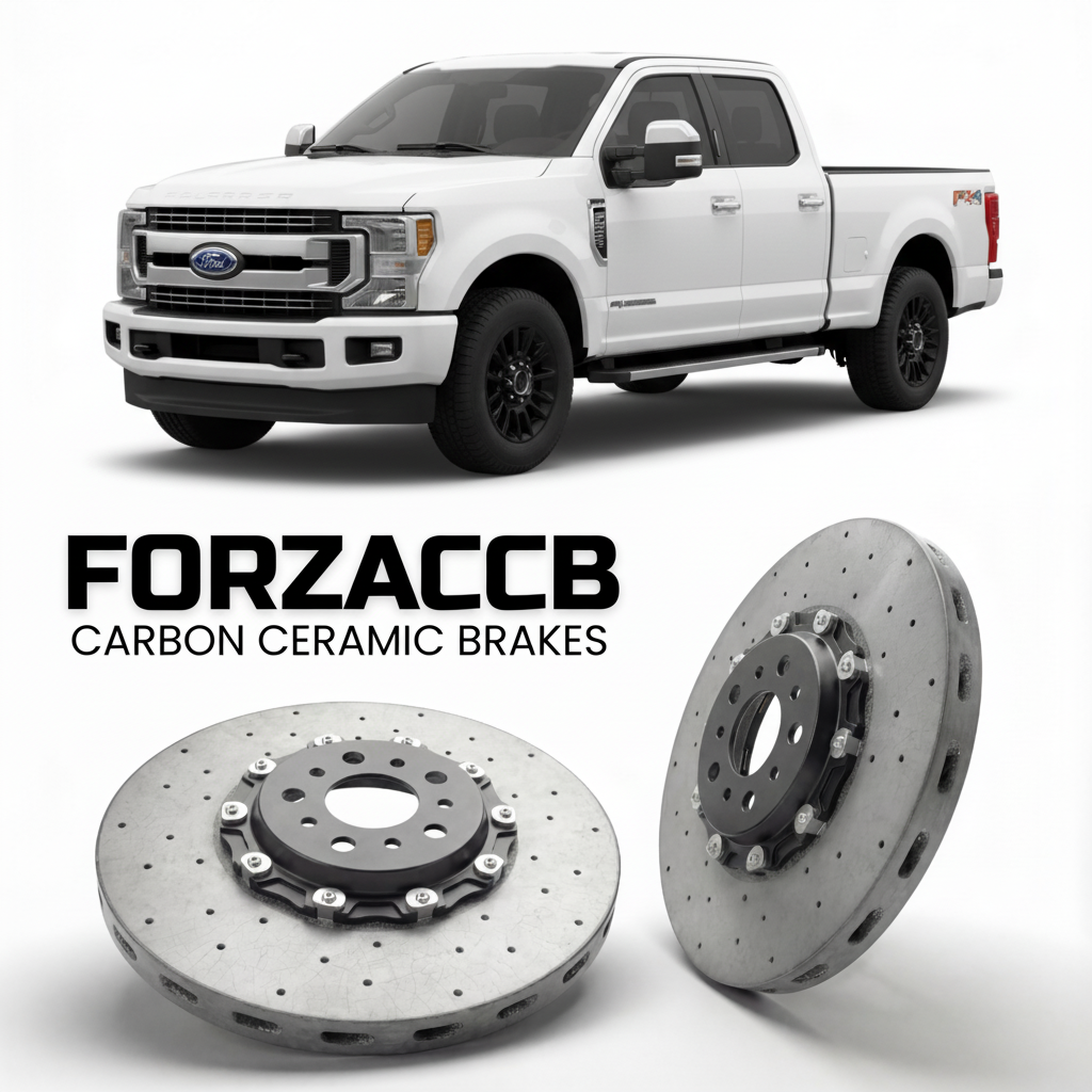 ForzaCCB direct OEM replacement carbon ceramic brake rotors for 2017 to 2019 Ford F-250 Super Duty IV Regular Cab Long box models, shown with a white Ford F-250 Super Duty car.