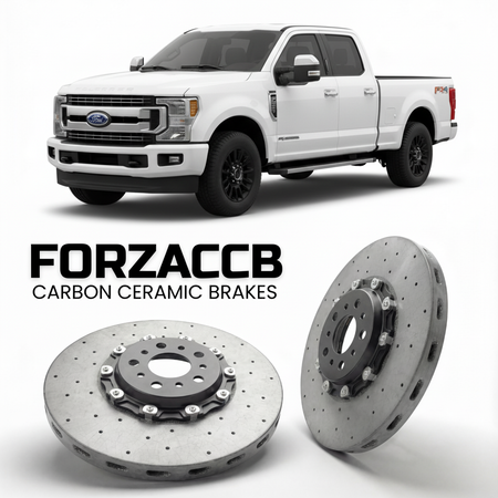 ForzaCCB direct OEM replacement carbon ceramic brake rotors for 2017 to 2019 Ford F-250 Super Duty IV Regular Cab Long box models, shown with a white Ford F-250 Super Duty car.
