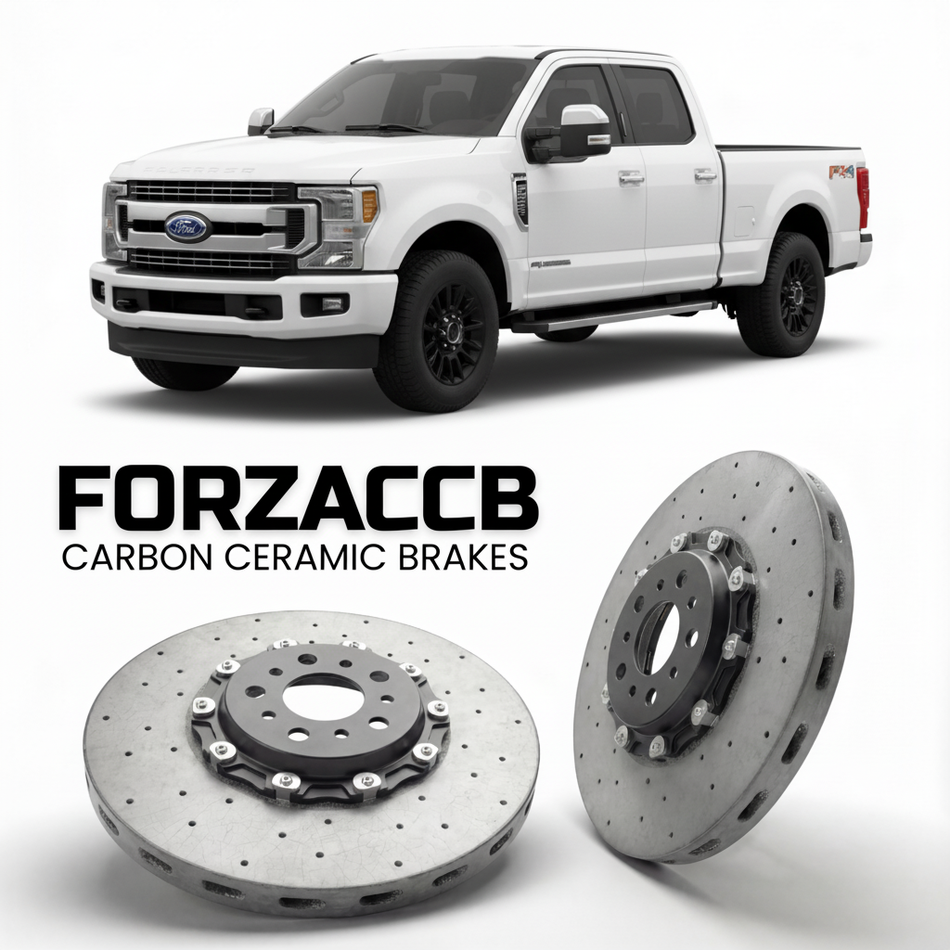 ForzaCCB direct OEM replacement carbon ceramic brake rotors for 2017 to 2019 Ford F-250 Super Duty IV Regular Cab Long box models, shown with a white Ford F-250 Super Duty car.