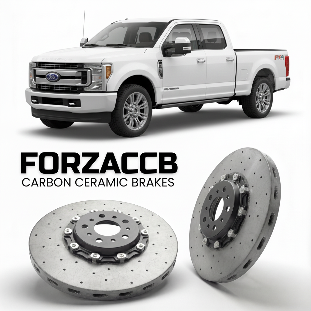 ForzaCCB direct OEM replacement carbon ceramic brake rotors for 2017 to 2019 Ford F-250 Super Duty IV Super Cab Long box models, shown with a white Ford F-250 Super Duty car.