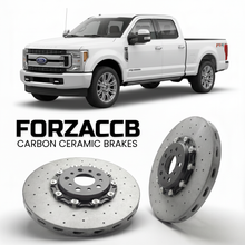 ForzaCCB direct OEM replacement carbon ceramic brake rotors for 2017 to 2019 Ford F-250 Super Duty IV Super Cab Long box models, shown with a white Ford F-250 Super Duty car.