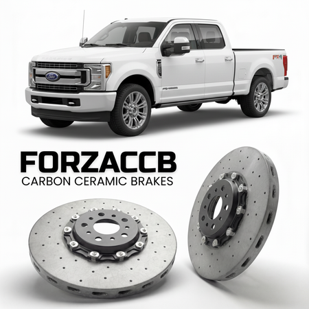 ForzaCCB direct OEM replacement carbon ceramic brake rotors for 2017 to 2019 Ford F-250 Super Duty IV Super Cab Long box models, shown with a white Ford F-250 Super Duty car.