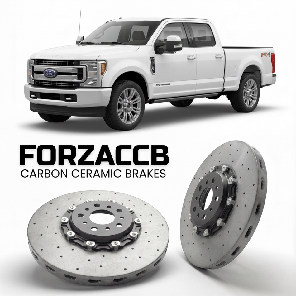ForzaCCB direct OEM replacement carbon ceramic brake rotors for 2017 to 2019 Ford F-250 Super Duty IV Super Cab Long box models, shown with a white Ford F-250 Super Duty car.