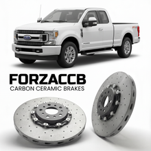 ForzaCCB direct OEM replacement carbon ceramic brake rotors for 2017 to 2019 Ford F-250 Super Duty IV Super Cab Short box models, shown with a white Ford F-250 Super Duty car.