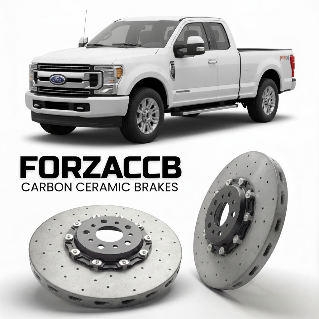 ForzaCCB direct OEM replacement carbon ceramic brake rotors for 2017 to 2019 Ford F-250 Super Duty IV Super Cab Short box models, shown with a white Ford F-250 Super Duty car.