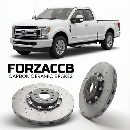 ForzaCCB direct OEM replacement carbon ceramic brake rotors for 2017 to 2019 Ford F-250 Super Duty IV Super Cab Short box models, shown with a white Ford F-250 Super Duty car.