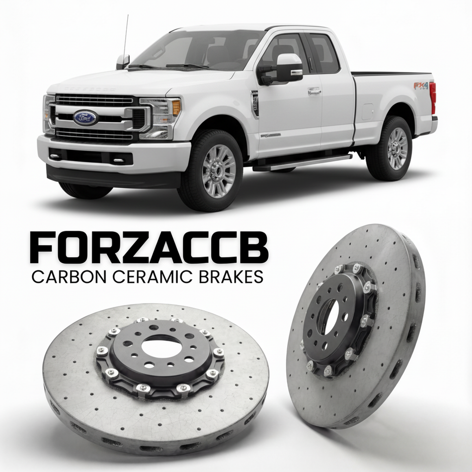 ForzaCCB direct OEM replacement carbon ceramic brake rotors for 2017 to 2019 Ford F-250 Super Duty IV Super Cab Short box models, shown with a white Ford F-250 Super Duty car.