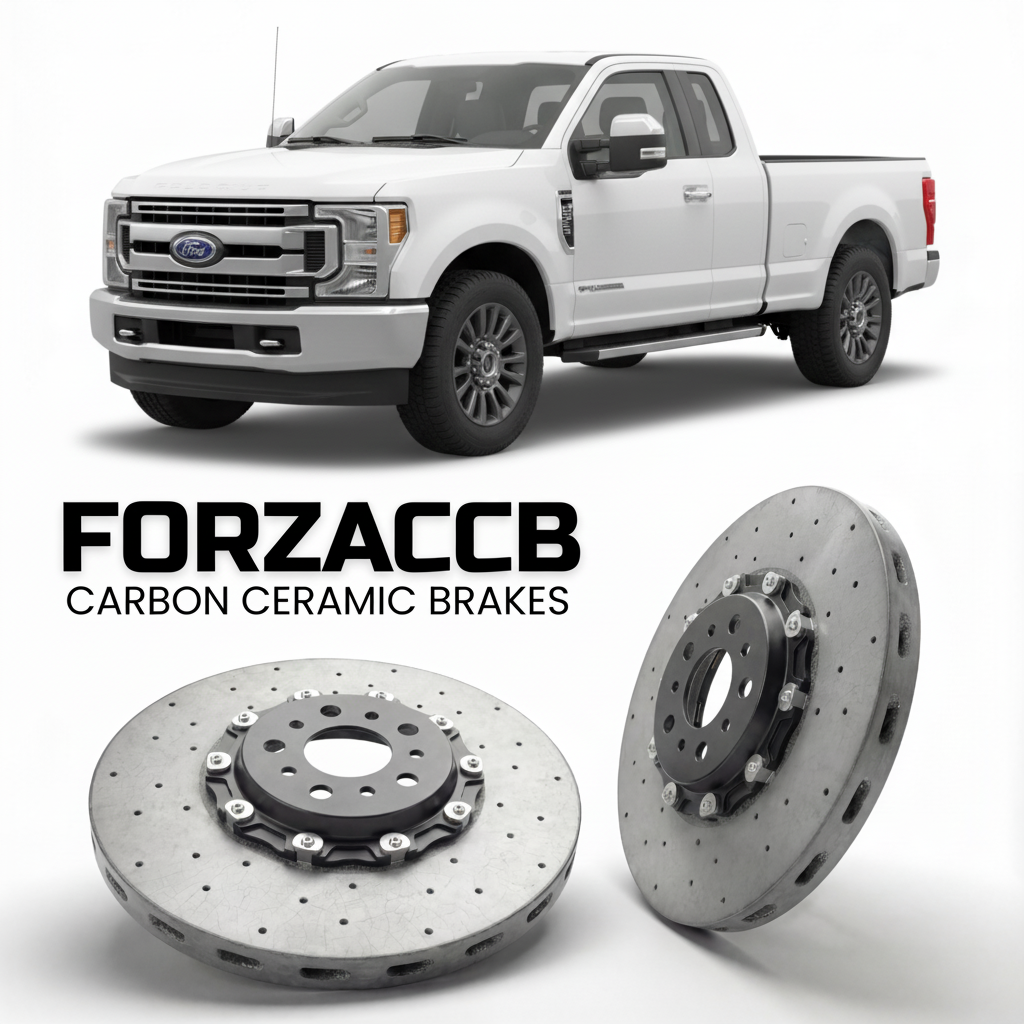 ForzaCCB direct OEM replacement carbon ceramic brake rotors for 2020-2022 Regular Cab Long box) Ford F-250 Super Duty IV (facelift 2020 models, shown with a white Ford F-250 Super Duty car.