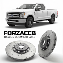 ForzaCCB direct OEM replacement carbon ceramic brake rotors for 2020-2022 Regular Cab Long box) Ford F-250 Super Duty IV (facelift 2020 models, shown with a white Ford F-250 Super Duty car.