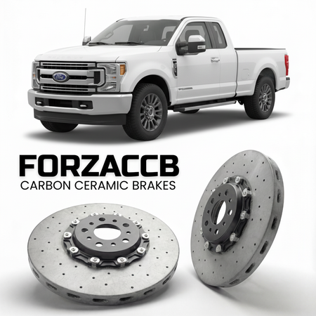 ForzaCCB direct OEM replacement carbon ceramic brake rotors for 2020-2022 Regular Cab Long box) Ford F-250 Super Duty IV (facelift 2020 models, shown with a white Ford F-250 Super Duty car.
