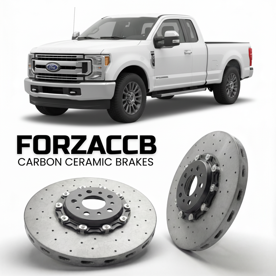 ForzaCCB direct OEM replacement carbon ceramic brake rotors for 2020-2022 Regular Cab Long box) Ford F-250 Super Duty IV (facelift 2020 models, shown with a white Ford F-250 Super Duty car.