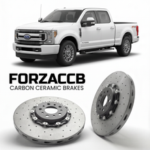ForzaCCB direct OEM replacement carbon ceramic brake rotors for 2023 and newer Ford F-250 Super Duty V Crew Cab Long box models, shown with a white Ford F-250 Super Duty car.